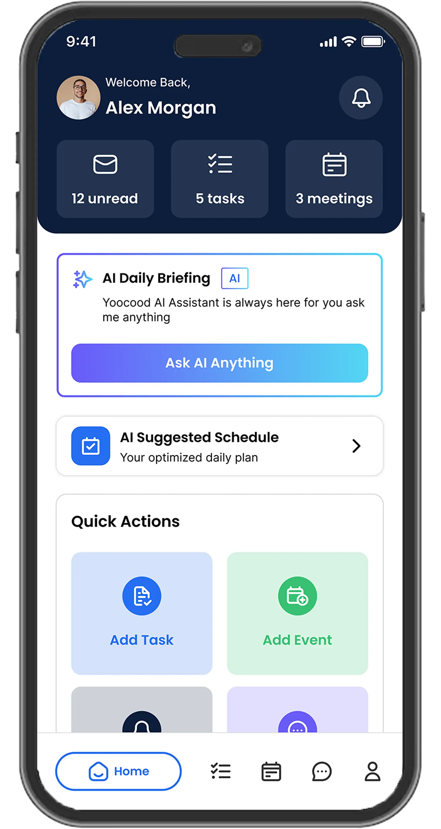 Yoocood AI assistant dashboard showing messages, tasks, meetings, schedules, and quick actions.