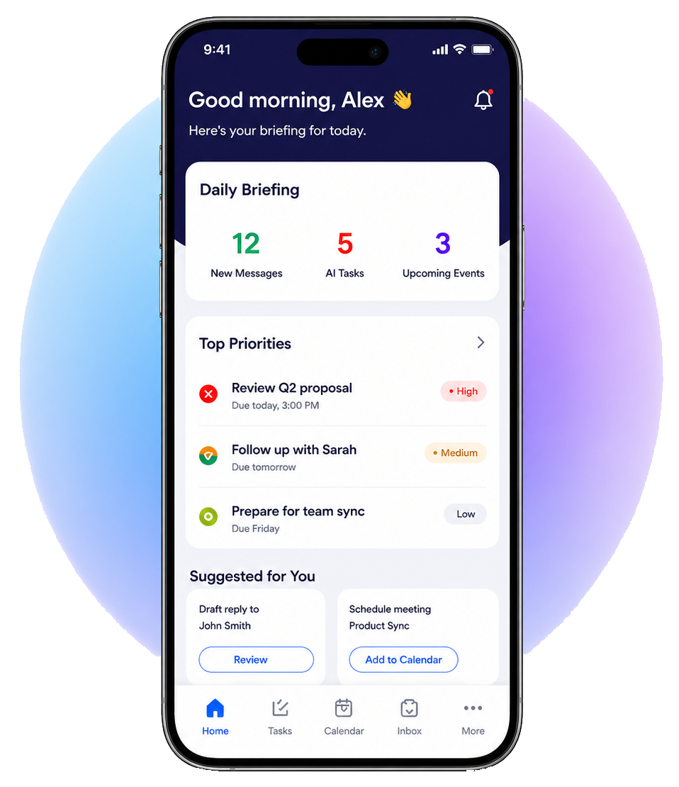 AI productivity app dashboard showing tasks, messages, events, and daily priorities.